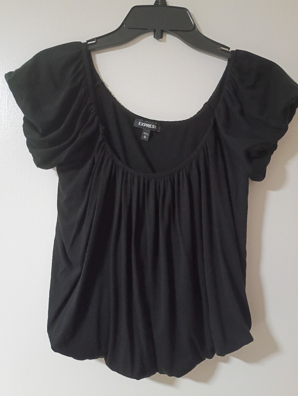 Express Womens XS Black Ruched Top Peasant Short Sleeve